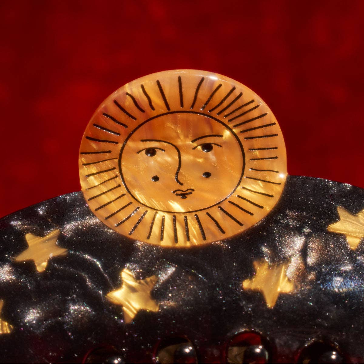Sun and Stars Astrology Hair Claw in Gold and Black Acetate