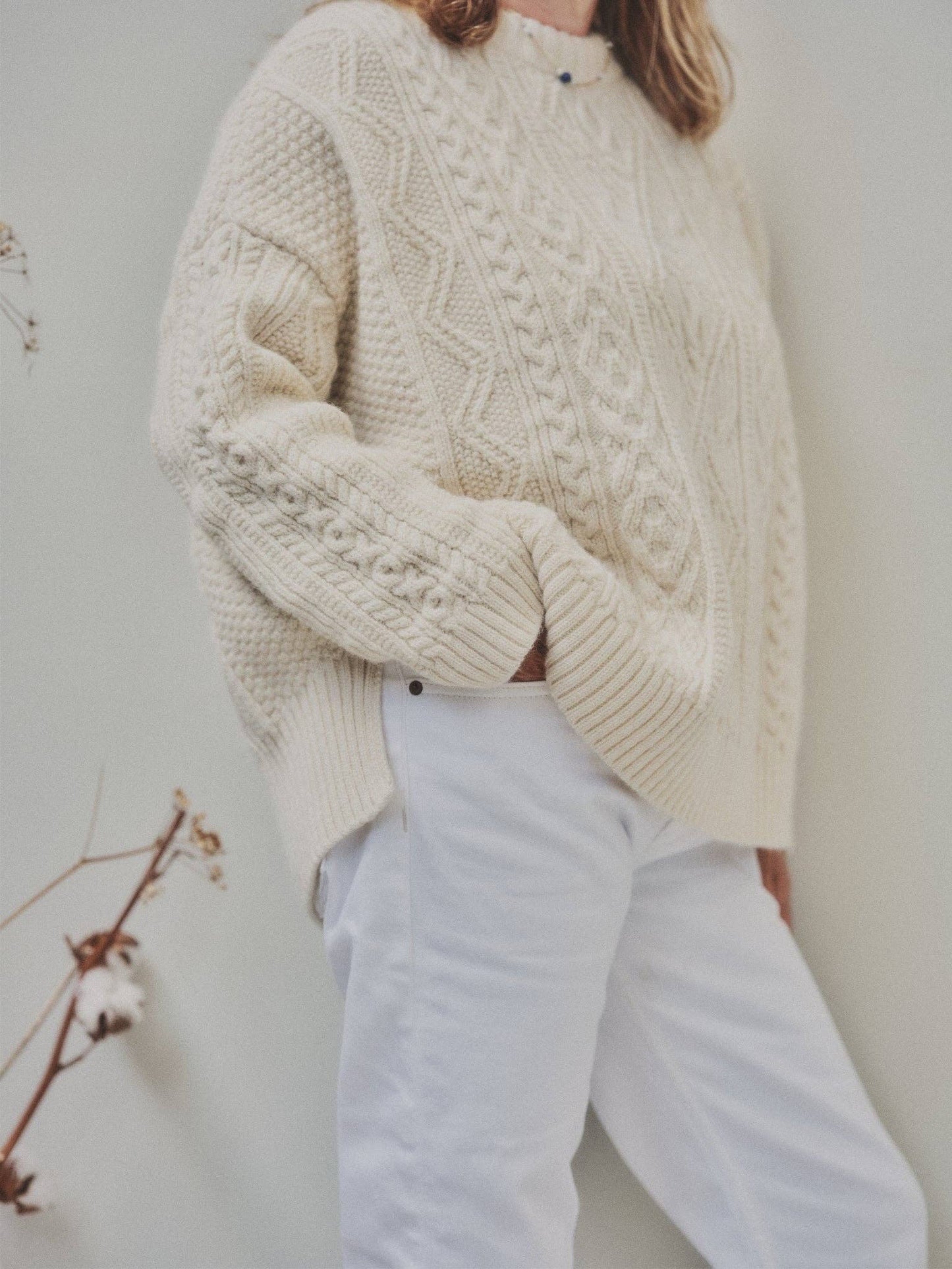The Freyja Wool Cable Sweater in Ecru